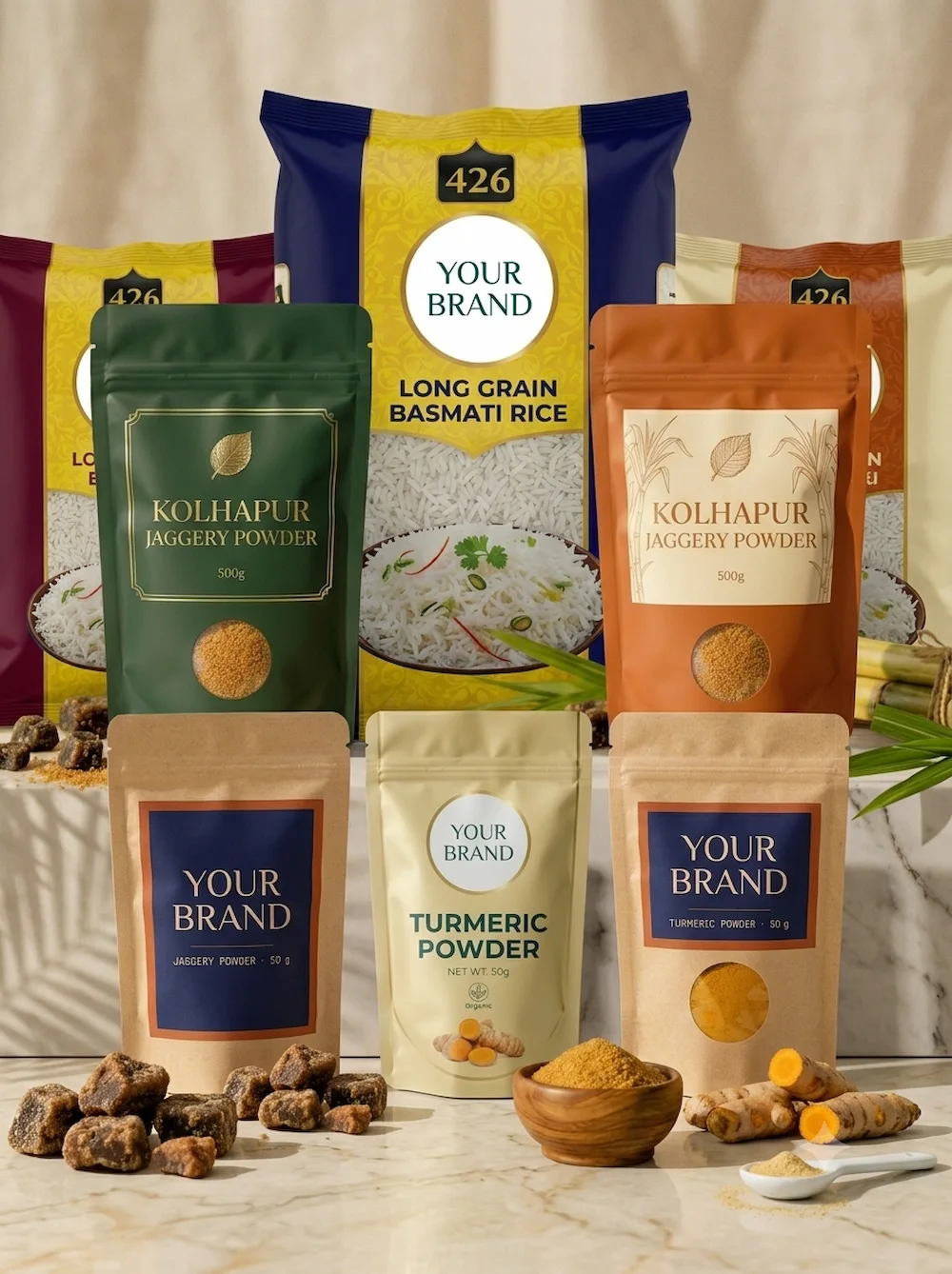 Private label packaging range — pouches and bags packed under the customer's own brand